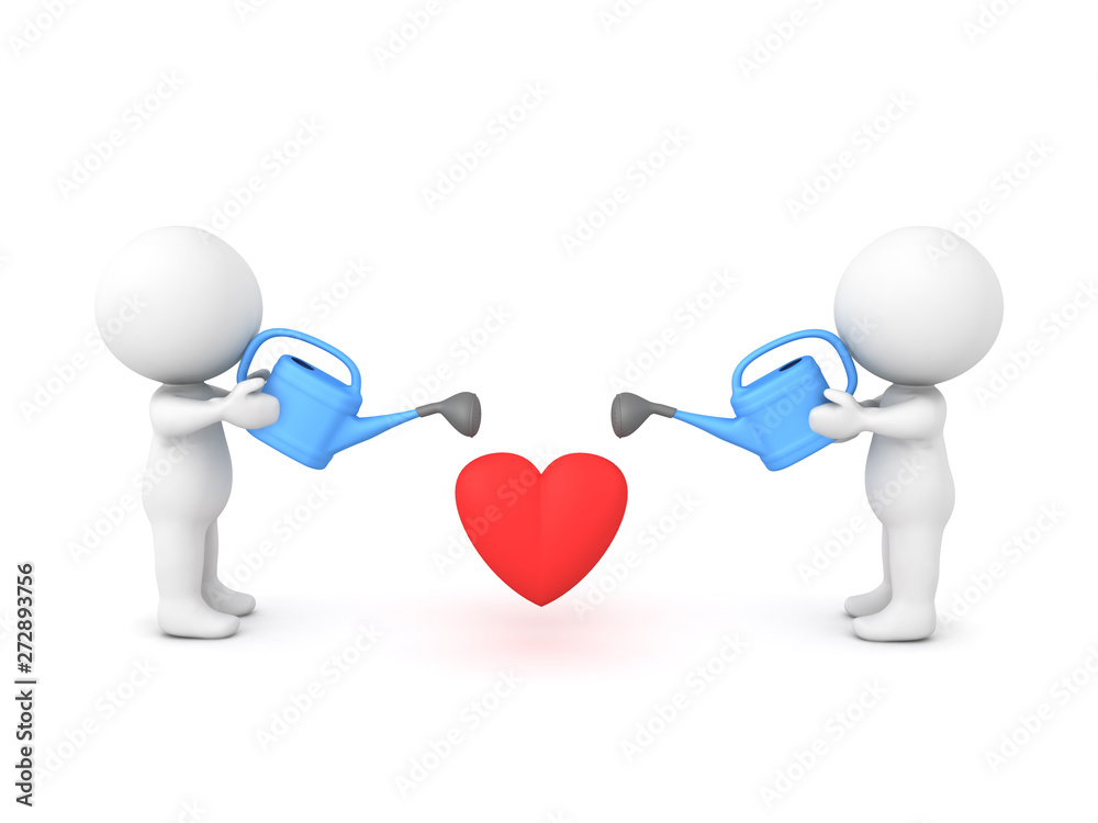 Two 3D Characters with water sprinklers and heart in the middle Two 3D Characters with water sprinklers and heart in the middle