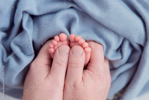 Tiny fingers, toes and feet of newborn baby boy 23 days old