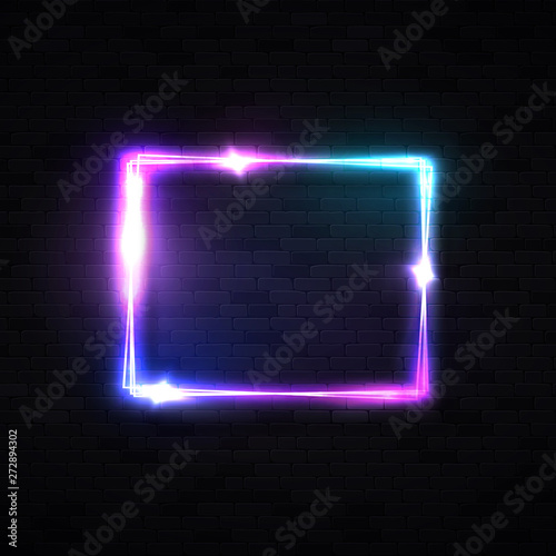 Neon rectangle laser wall sign on black brick background. Electric power glowing bulb banner light line neon frame for night club advertising design. Led lamp chrome effect. Bright vector illustration