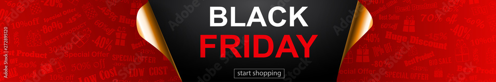 Black Friday sale banner in red, black and golden colors. Inscription on dark background. Curled paper corners. Vector illustration for posters, flyers, cards Black Friday sale banner in red, black and golden colors. Inscription on dark background. Curled paper corners. Vector illustration for posters, flyers, cards