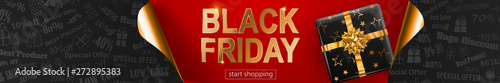 Black Friday sale banner in red, black and golden colors. Inscription and gift box on dark background. Curled paper corners. Vector illustration for posters, flyers, cards