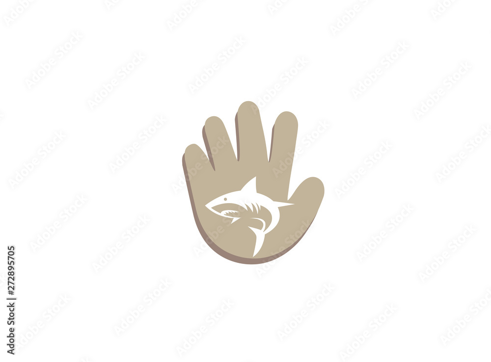 Angry blue shark fish Logo design illustration i a hand shape protect fish icon Angry blue shark fish Logo design illustration i a hand shape protect fish icon