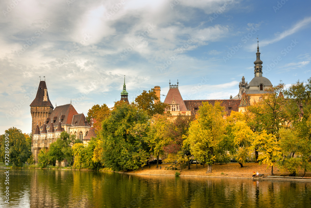 Autumn view of City park and Vajdahunyad Castle in Budapest