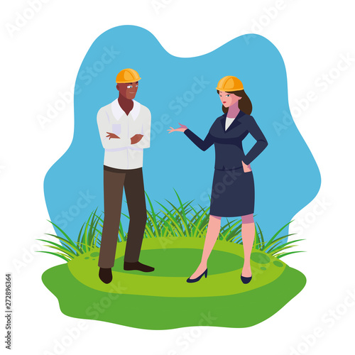 afro male builder with female engineer characters