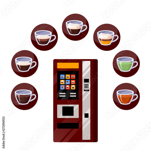 Vending automatic machine, tea and coffee drinks icons. Vector flat cartoon illustration. Hot beverages selling service