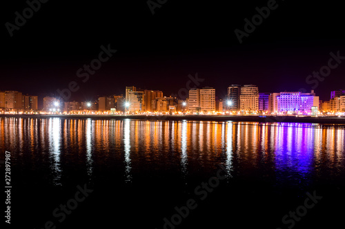 Cuadro en lienzo Panoramic View of Tangier City  at Night, Morocco