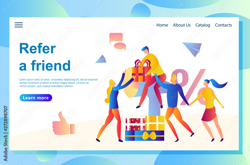 Illustration of the web page friend sharing referral code. People sharing gifts with friends and receiving bonuses and rewards of using certain service. Concepts for website and mobile landing page.