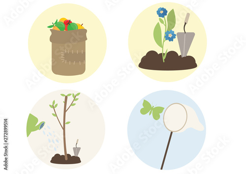 Print cartoon flat plant trees flower catch butterflies fruit picking