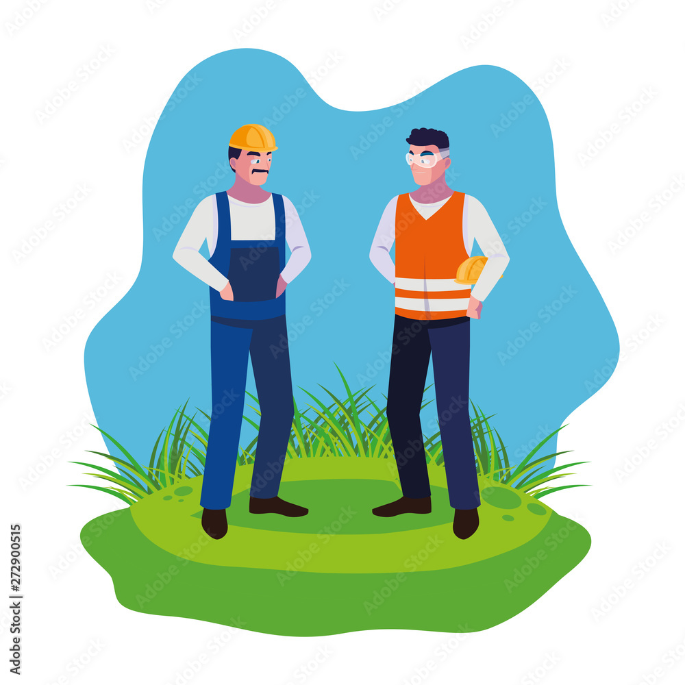 male builders constructors workers on the lawn
