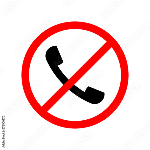No phones allowed sign. Black phone handset in red forbidden circle on white background