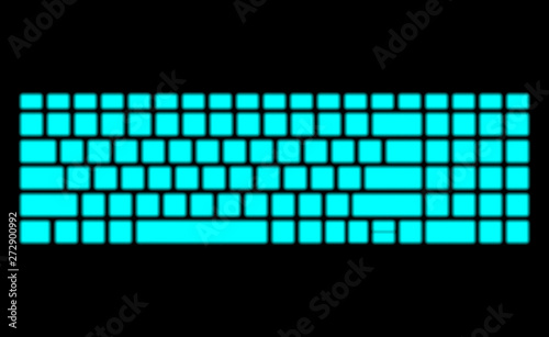 Neon Keyboard on black background. Modern fluorescent design for banner. Dark vector luminescent illumination art illustration. Light glowing silhouette pattern, template. Computer version. Top View