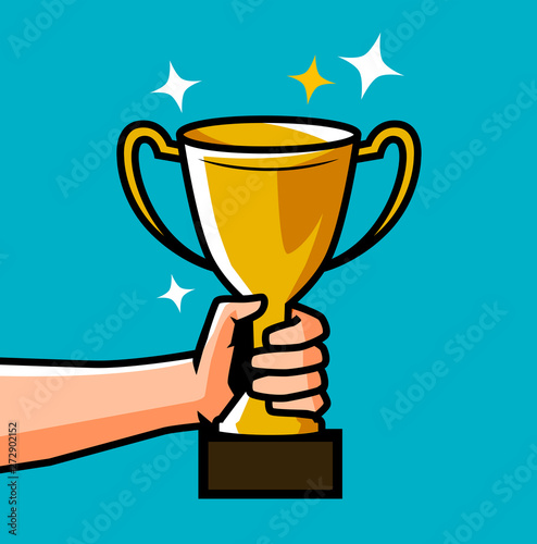 Hand holding winner cup. Cartoon vector illustration