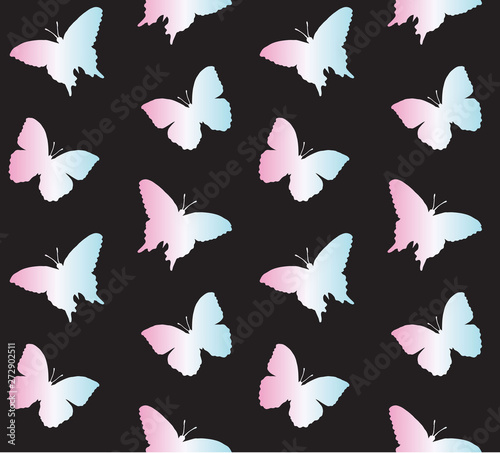 Vector seamless pattern of holographic silhouette of butterfly butter fly isolated on black background 