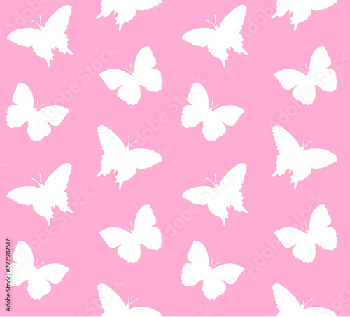 Vector seamless pattern of white silhouette of butterfly butter fly isolated on pastel pink background 