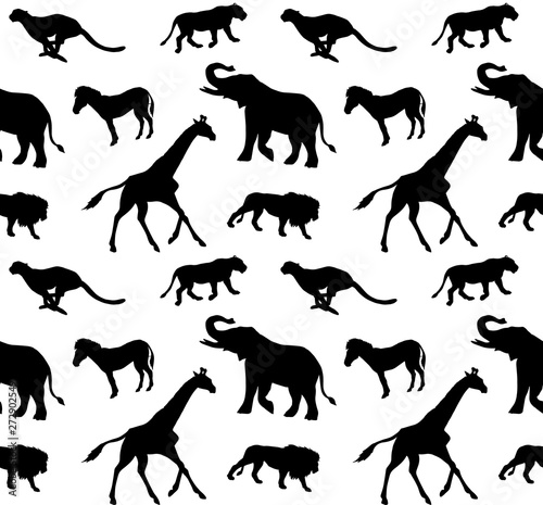 Vector seamless pattern of flat black african animals silhouette isolated on white background 