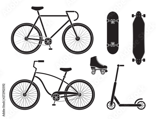 Vector flat cartoon black set collection of bicycle skateboard scooter and roller skates isolated on white background 