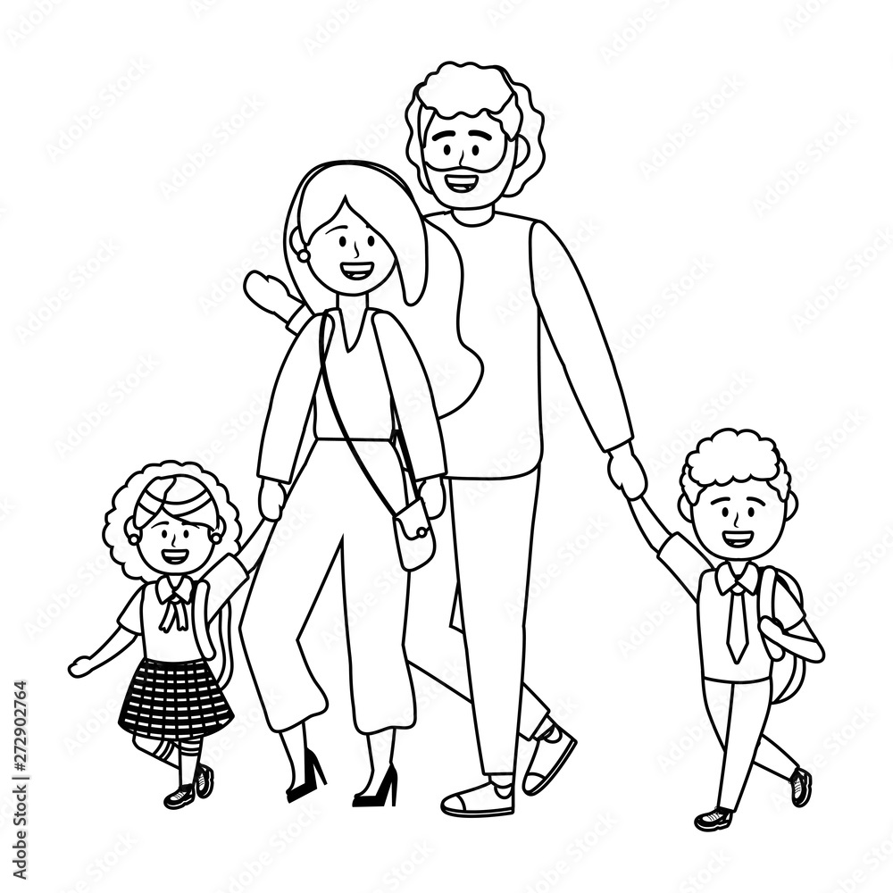 Parents with kids going to school design vector illustrator