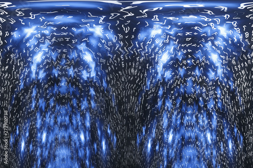 Blue matrix digital background. Distorted cyberspace concept. Characters fall down. Matrix from symbols stream. Virtual reality design. Complex algorithm data hacking. Cyan digital sparks.