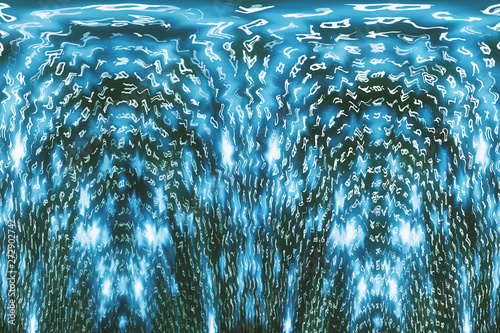 Blue matrix digital background. Distorted cyberspace concept. Characters fall down. Matrix from symbols stream. Virtual reality design. Complex algorithm data hacking. Cyan digital sparks.