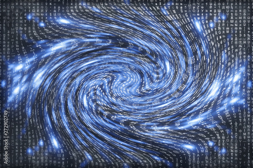 Blue matrix digital background. Distorted cyberspace concept. Characters fall down in wormhole. Hacked matrix. Virtual reality design. Complex algorithm data hacking. Cyan digital sparks.