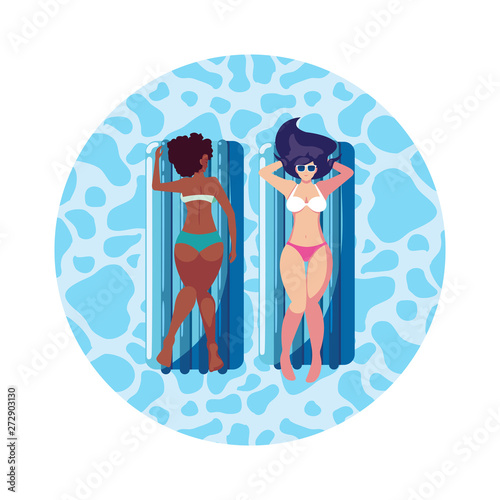 interracial couple with float mattress in water