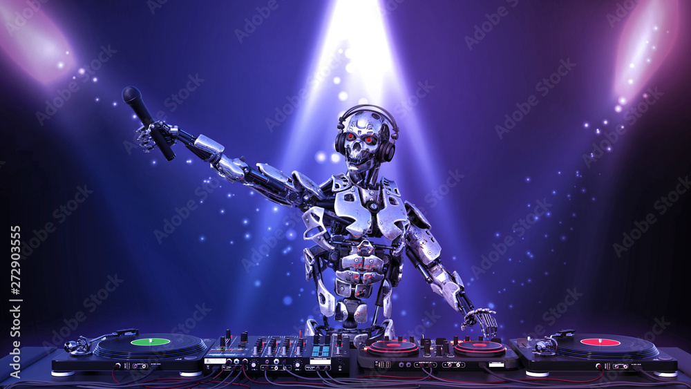 DJ Robot, disc jockey cyborg holding microphone and playing music on  turntables, android on stage with deejay audio equipment, 3D rendering  ilustración de Stock | Adobe Stock