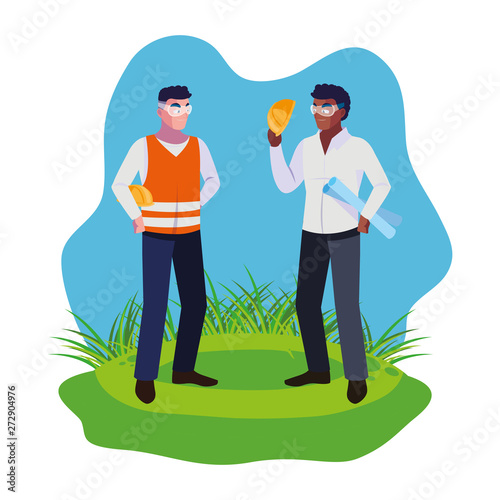 interracial male builders constructors on the lawn