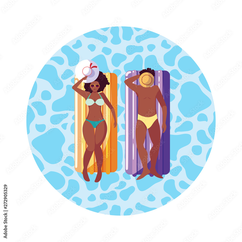young afro couple with float mattress in water