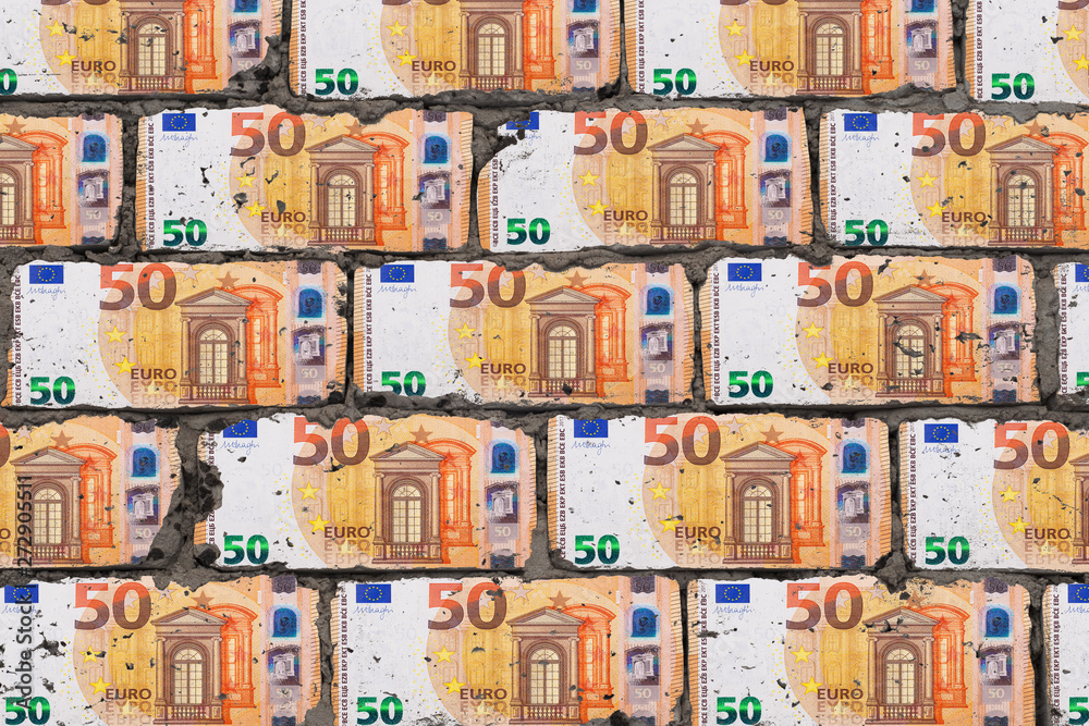 Fototapeta premium Realistic wall of blocks in form of fifty euro. Bricks from money art concept.