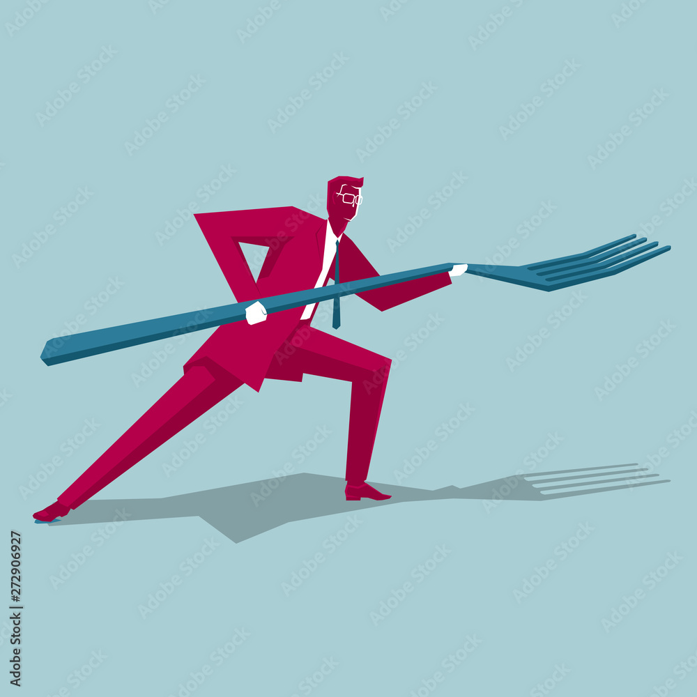 Businessman holding fork. Isolated on blue background. Businessman holding fork. Isolated on blue background.
