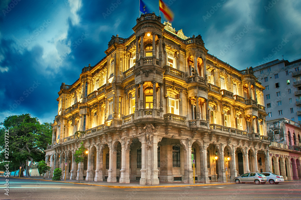  view of the spanish embassy in havana, cuba at dusk