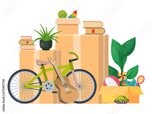 Box mowing new home concept vector illustration. Boxes in empty room with bike toys book pot. Property packaging or packing container indoor movement. Unpacking interior.