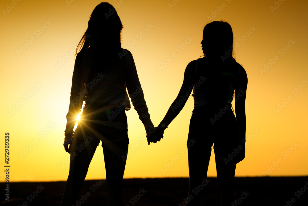 Silhouette two girl holding hand and walking in sunset. Young women couple on the beautiful landscape. Back view two cute girl against sunset sky.