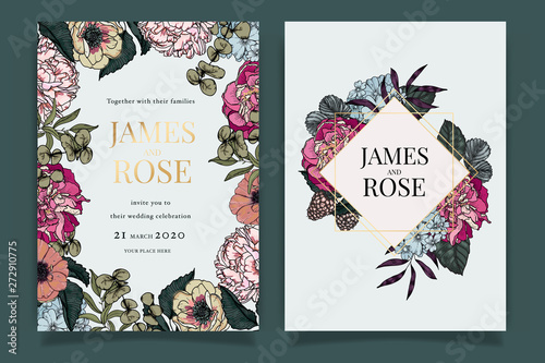 Wedding Invitation, floral invite thank you, rsvp modern card Design in Peony with Rose and leaf greenery  branches decorative Vector elegant rustic template