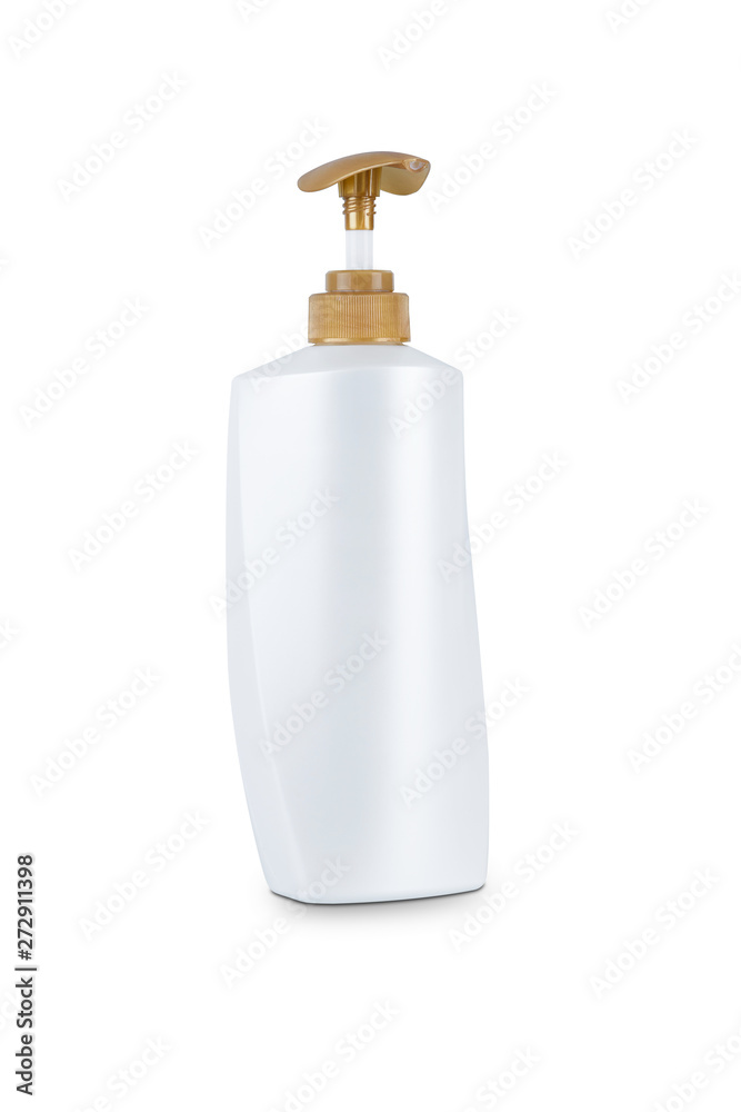 Dispenser head pump Gold color, white body plastic bottle cosmetic hygiene shampoo, conditioner with body moisturising isolated on white background Dispenser head pump Gold color, white body plastic bottle cosmetic hygiene shampoo, conditioner with body moisturising isolated on white background