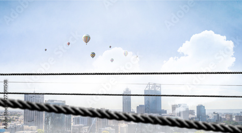 modern buildings cityscape with balloons flying high angle view