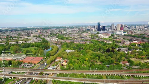 Aerial of Rotterdam skyline in the distance, Netherlands, near diergaarde blijdorp Rotterdam zoo photo