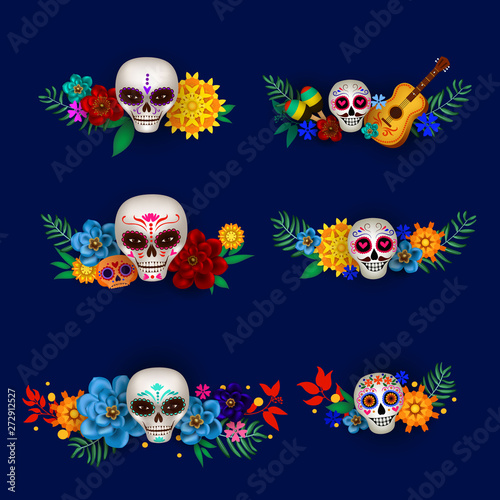 Set of garlands with sugar skulls and flowers