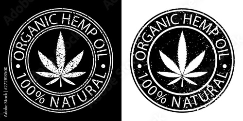 Marijuana leaf circle logo. Organic Hemp Oil label. 100% organic. Grunge effect Vector illustration. For web, packaging, product, logo, graphic design