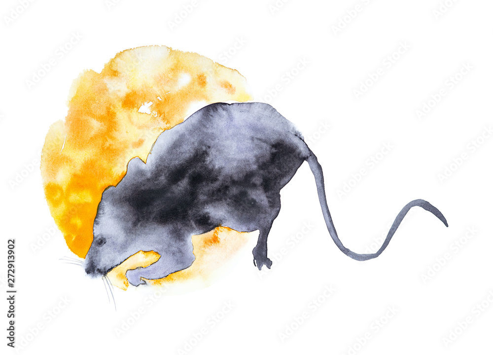 Abstract drawing of a rat on a yellow cheese background. Symbol of the ...