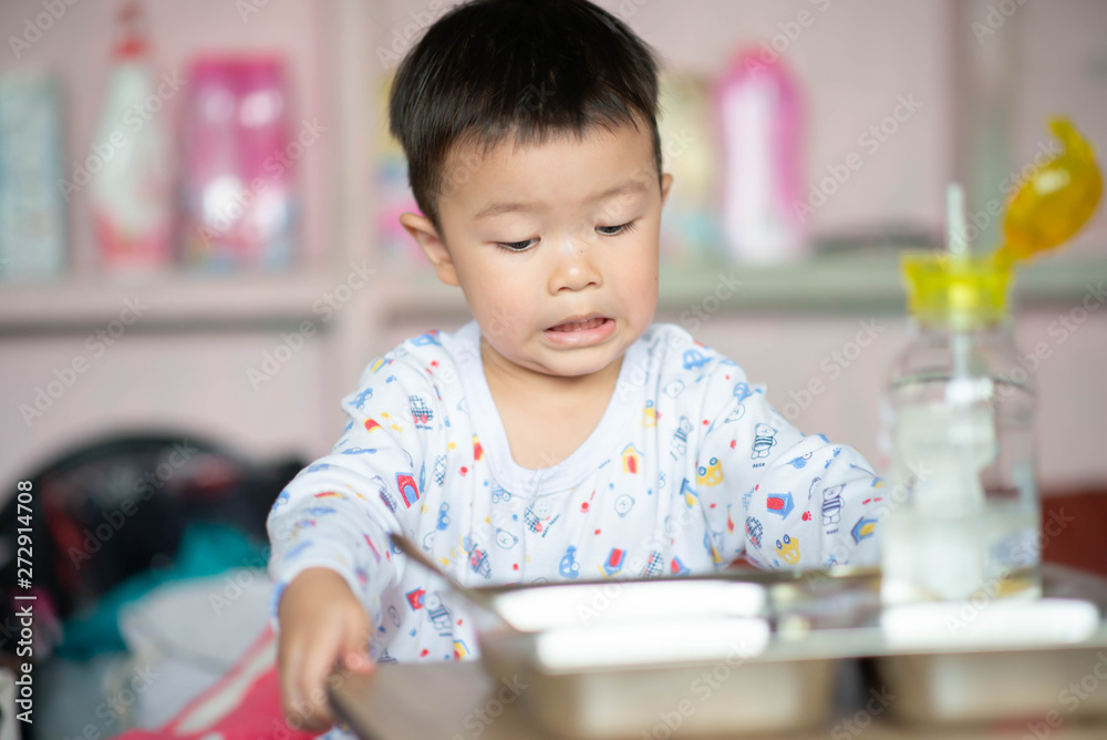 Little toddler boy having breakfast before school at home Little toddler boy having breakfast before school at home