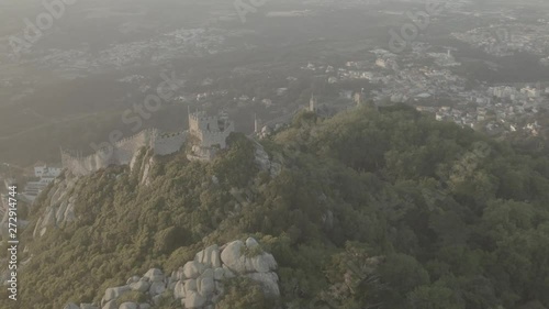 Sintra Pena and National palace in Portugal, 4k aerial drone sunset ungraded