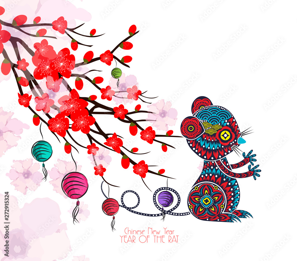 Chinese New Year card with plum blossom and lantern