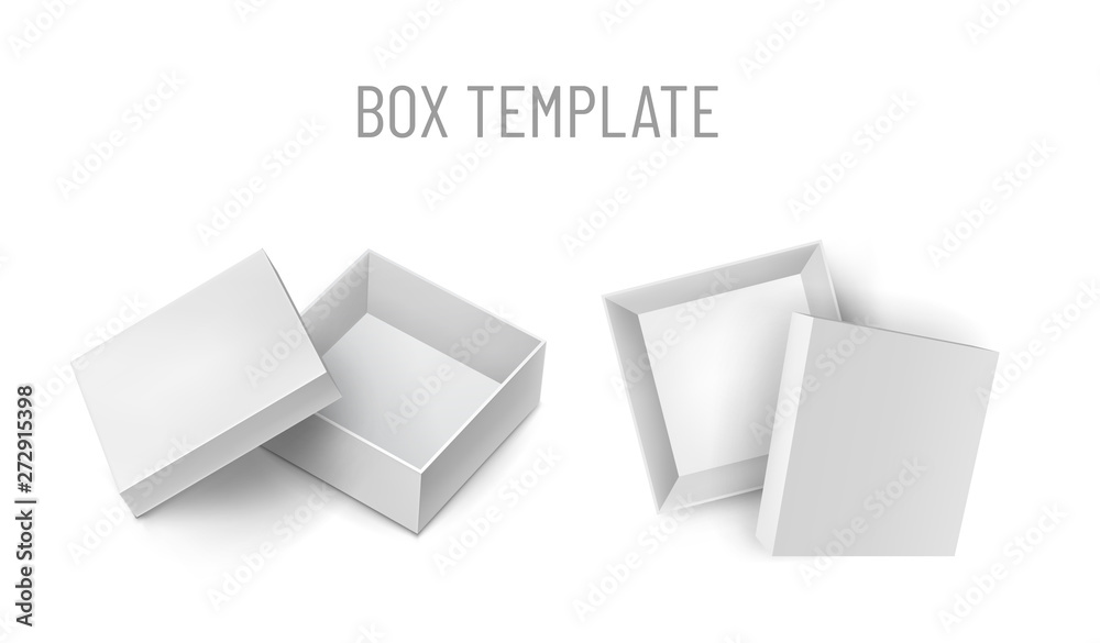 Opened cardboard gift case with cap mockup set. Merchandise branding layout. Top view of blank paper boxes isolated on white background. Realistic 3d pasteboard containers vector illustration. Opened cardboard gift case with cap mockup set. Merchandise branding layout. Top view of blank paper boxes isolated on white background. Realistic 3d pasteboard containers vector illustration.