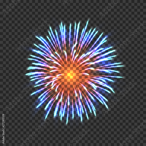 Festive fireworks with blue and orange sparkles. Realistic single firework bright flash isolated on transparent background. Holiday celebration colorful vector element for greeting cards decoration