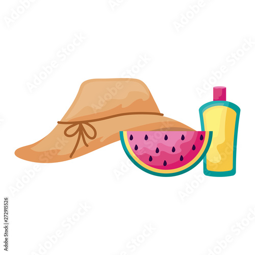 hat female with watermelon and bottle of blocker