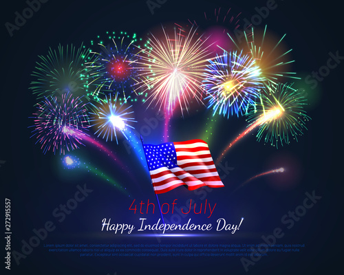 Happy 4th of July USA Independence Day greeting card. Realistic wavy american flag and brightly shining fireworks on deep blue background. National patriotic holiday banner vector illustration.