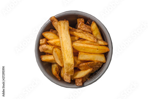 Tasty french fries in a cup on a gray cup. isolated on white background.