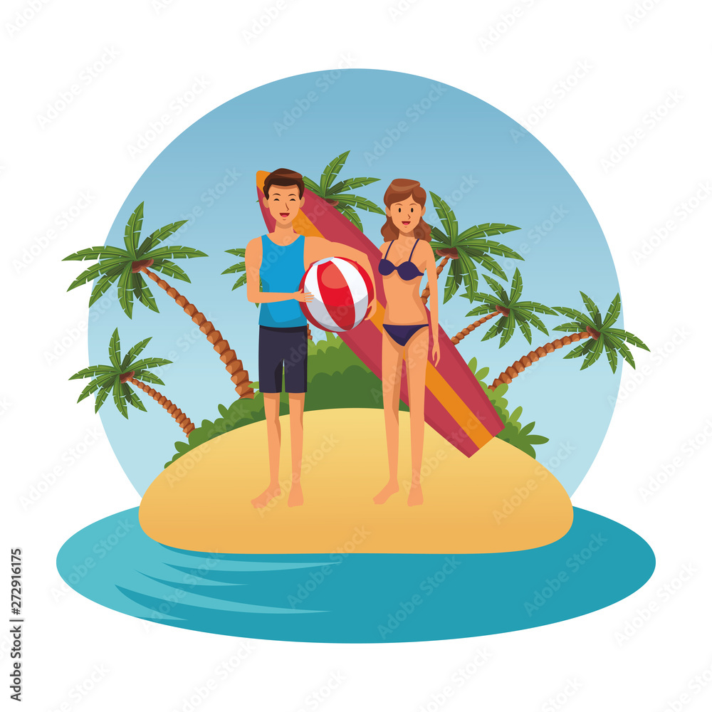 Young couple with surf table cartoon