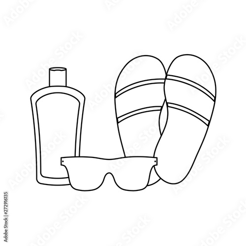 flip flops with sunglasses and bottle of blocker